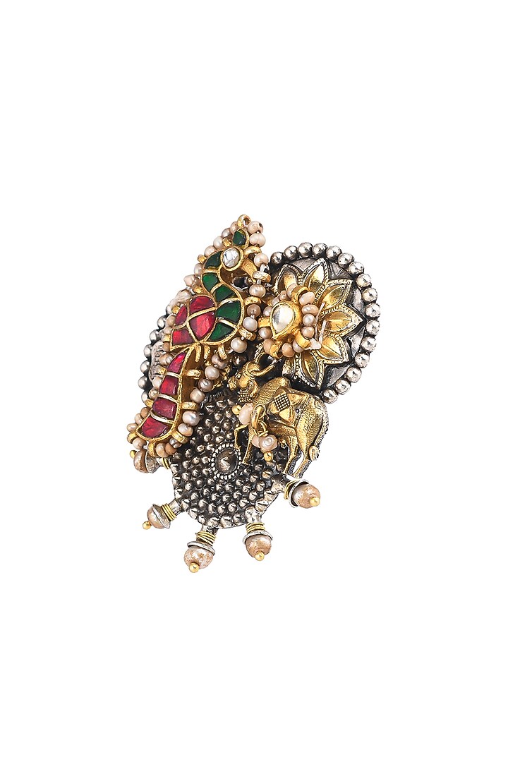 Gold Plated Glass Stone & Red Semi-Precious Stone Adjustable Ring In Sterling Silver by Pinklane by Rashi at Pernia's Pop Up Shop