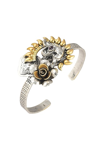 Two-Tone Finish Floral Motifs & Purple Semi-Precious Stone Adjustable Handcuff In Sterling Silver by Pinklane by Rashi