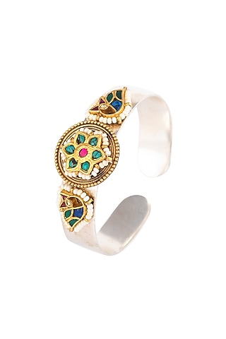 Gold Plated Floral Charm & Green Stone Handcrafted Adjustable Handcuff In Sterling Silver by Pinklane by Rashi