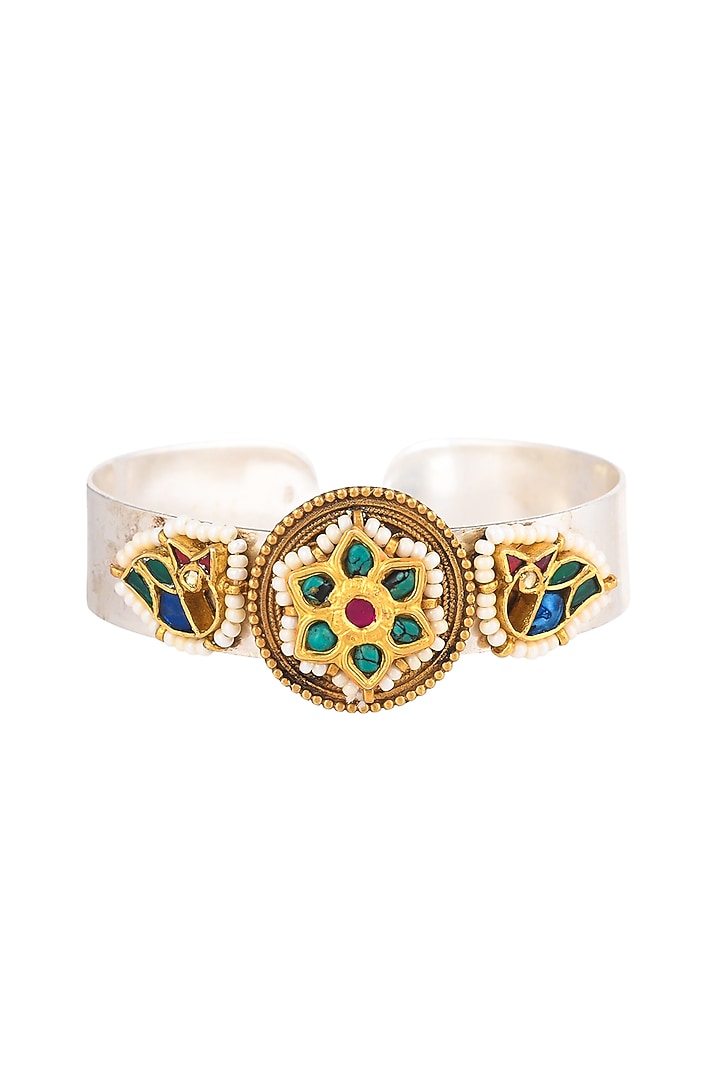 Gold Plated Floral Charm & Green Stone Handcrafted Adjustable Handcuff In Sterling Silver by Pinklane by Rashi at Pernia's Pop Up Shop