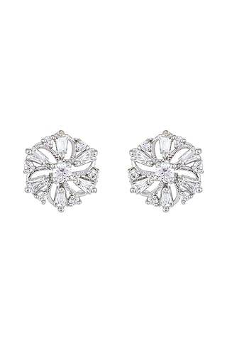 Silver Rhodium Finish Zircon Stud Earrings In Sterling Silver by Pinklane by Rashi