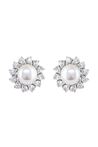 Silver Rhodium Finish Zircon Stud Earrings In Sterling Silver by Pinklane by Rashi