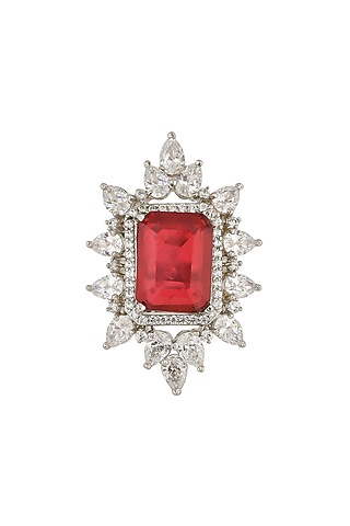 Silver Rhodium Finish Red Zircon Ring In Sterling Silver by Pinklane by Rashi