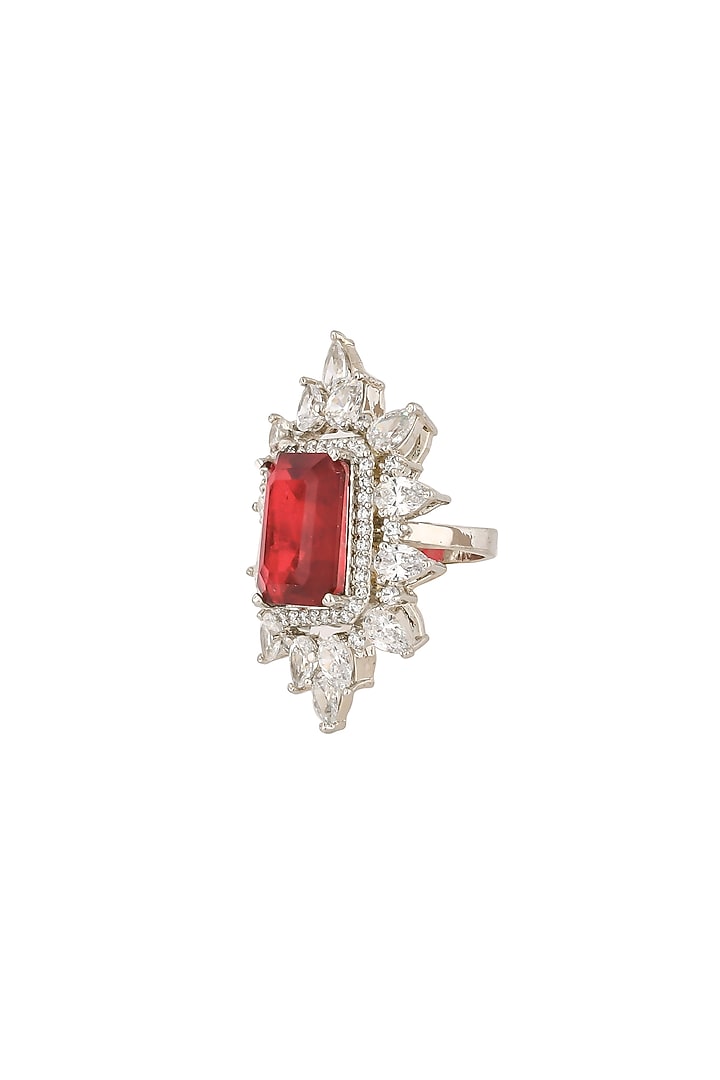 Silver Rhodium Finish Red Zircon Ring In Sterling Silver by Pinklane by Rashi at Pernia's Pop Up Shop