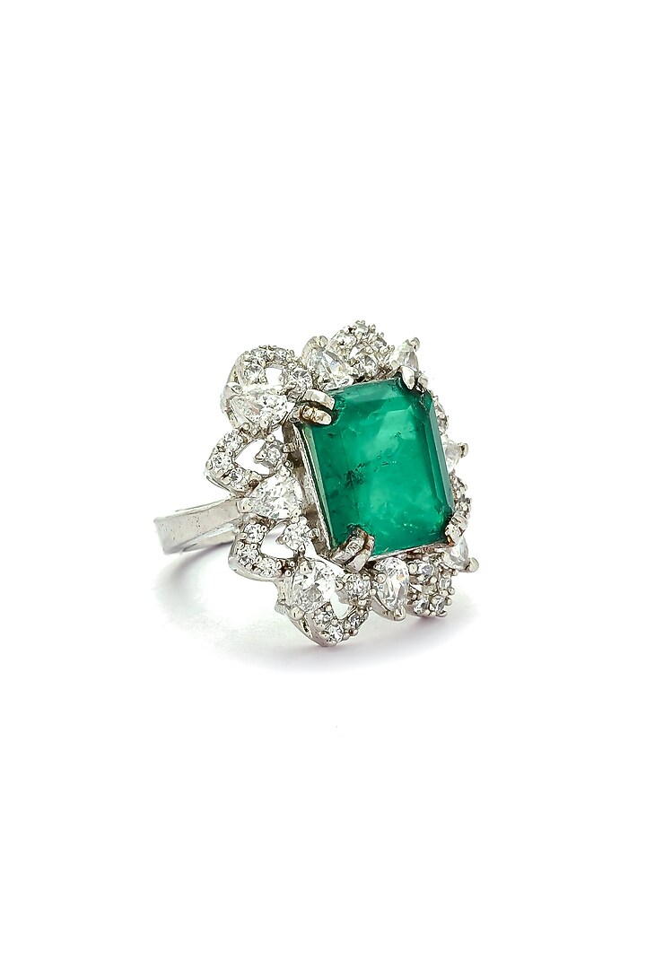 Silver Rhodium Finish Green Zircon Ring In Sterling Silver by Pinklane by Rashi at Pernia's Pop Up Shop