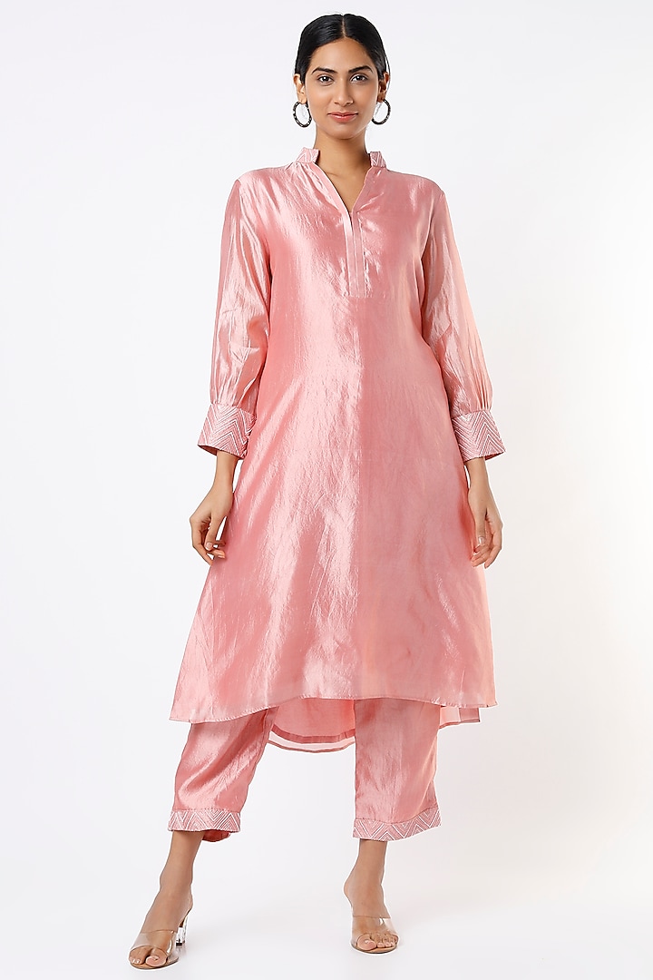 Rose Gold Hand Embroidered Tunic Set by Made in Pinkcity