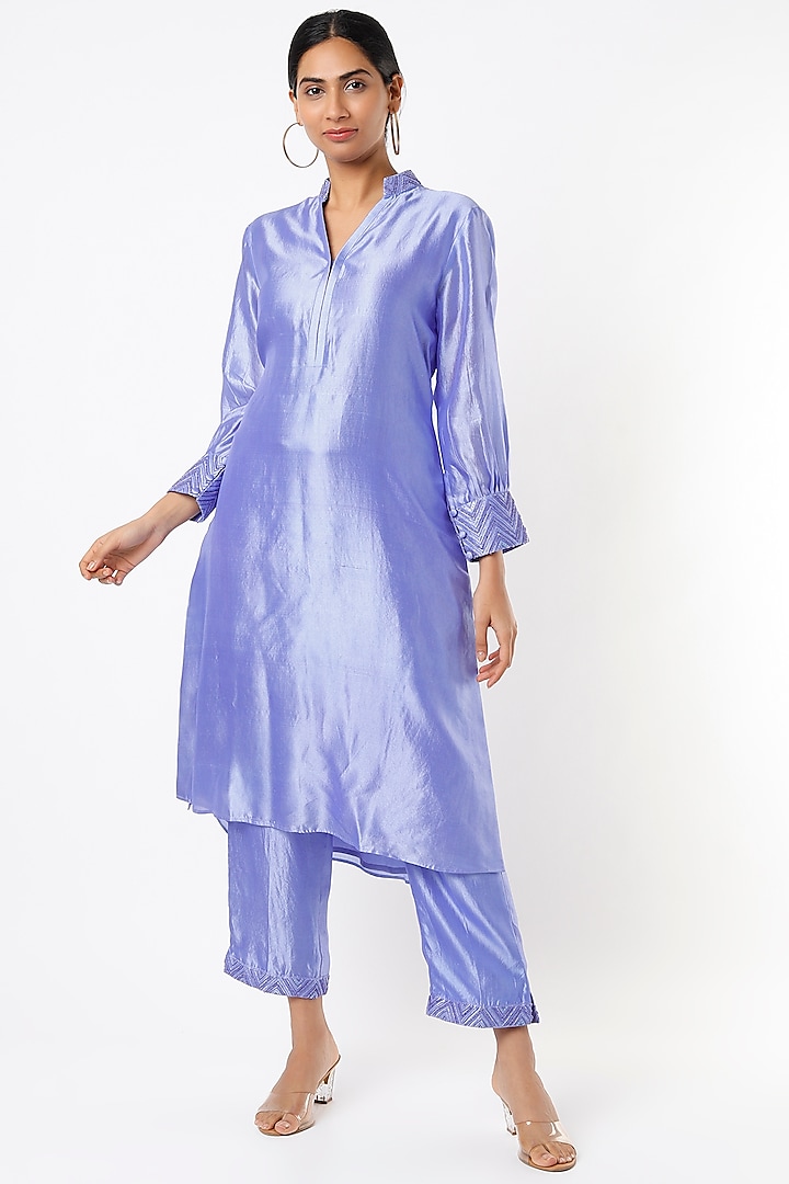Blue Hand Embroidered Tunic Set by Made in Pinkcity