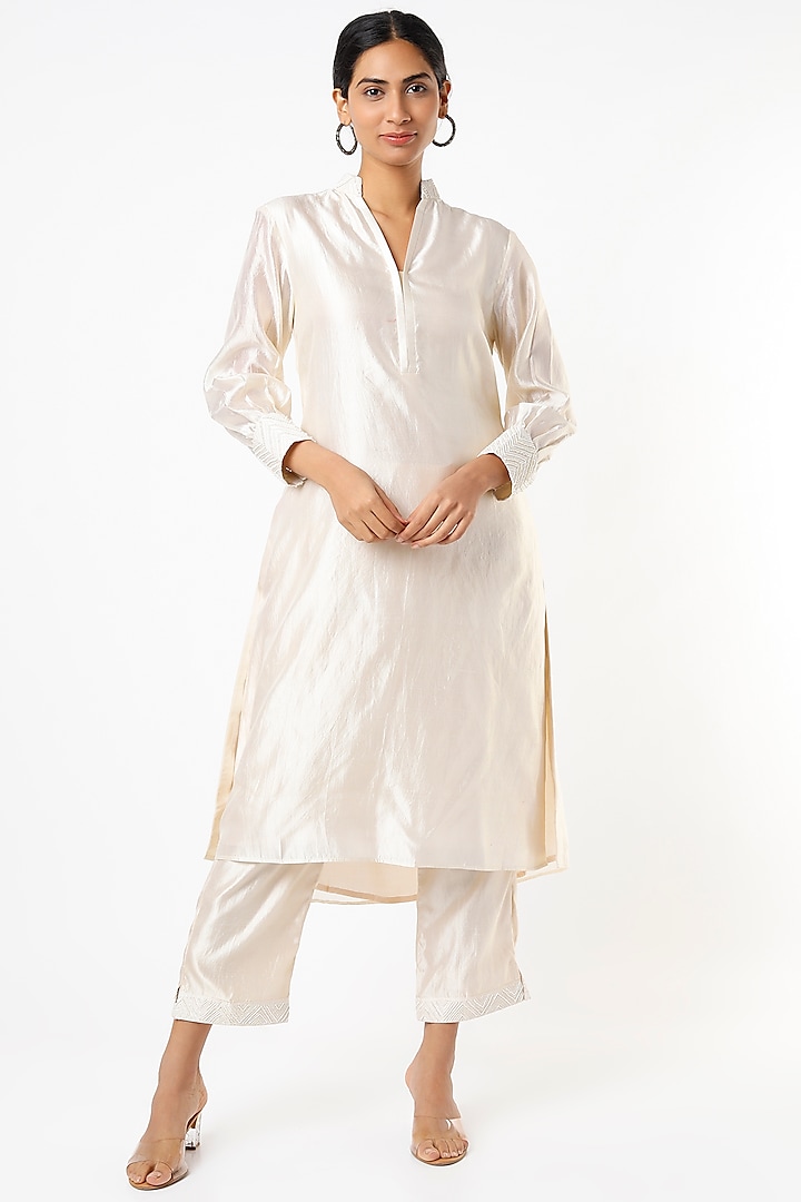Ivory Hand Embroidered Tunic Set by Made in Pinkcity