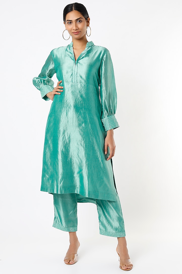 Sea Blue Hand Embroidered Tunic Set by Made in Pinkcity