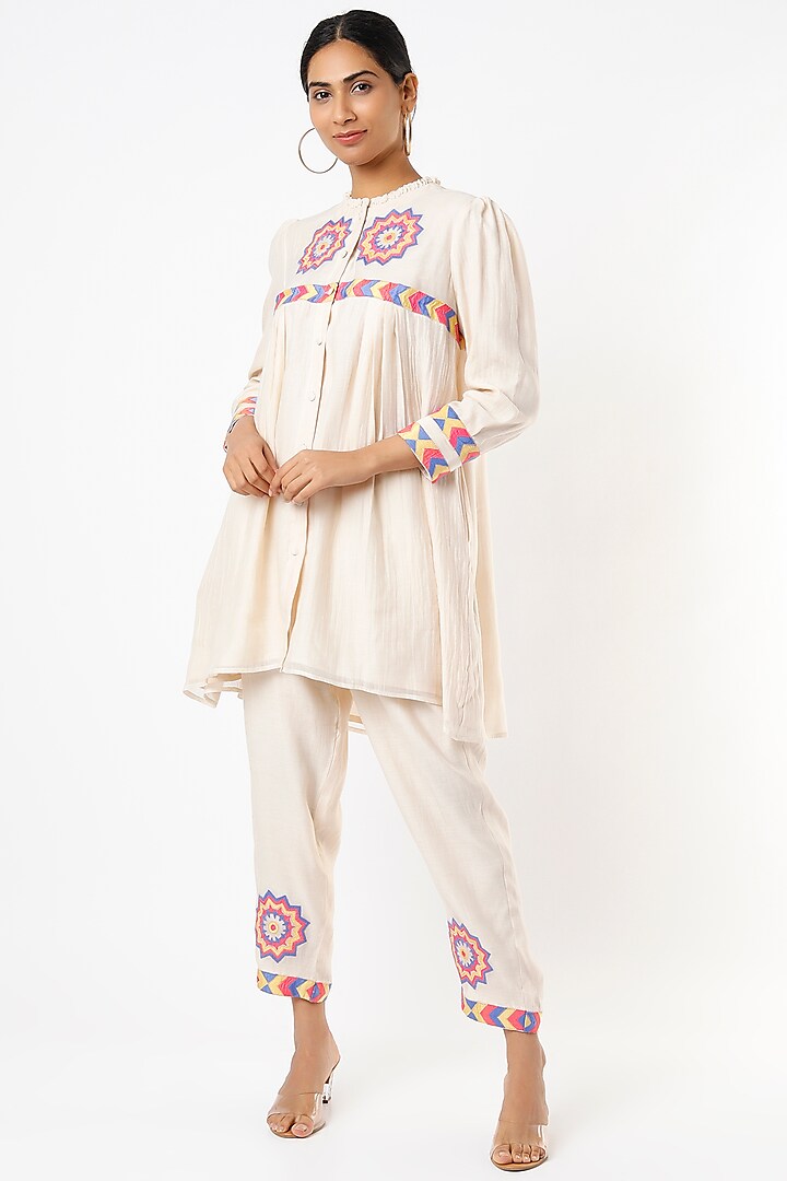 Ivory Chanderi Silk Tunic Set by Made in Pinkcity