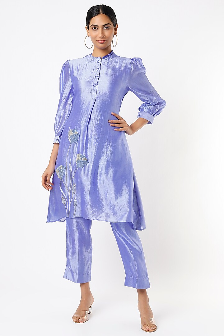 Blue Embroidered Tunic Set by Made in Pinkcity