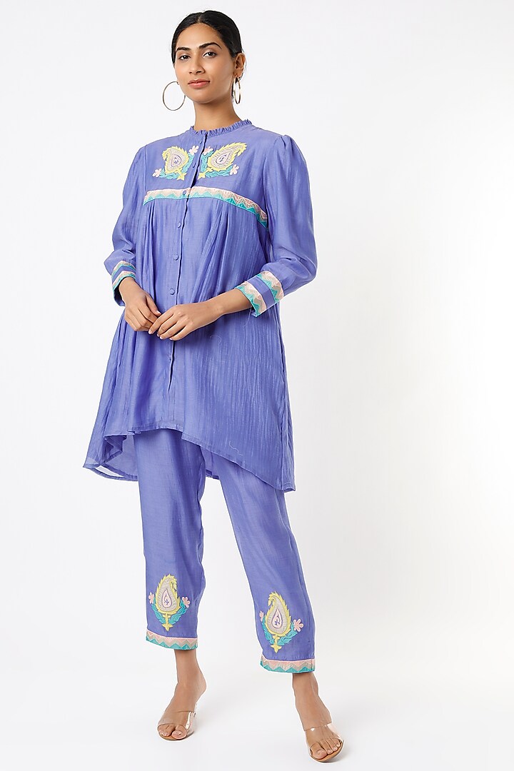Blue Chanderi Silk Tunic Set by Made in Pinkcity
