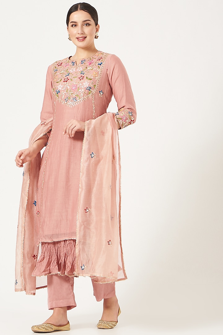 Rose Gold Embroidered Kurta Set by Made in Pinkcity