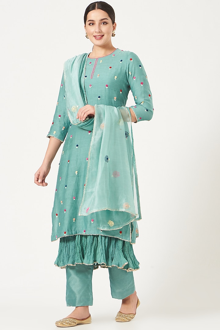 Sea Blue Embroidered Kurta Set by Made in Pinkcity at Pernia's Pop Up Shop