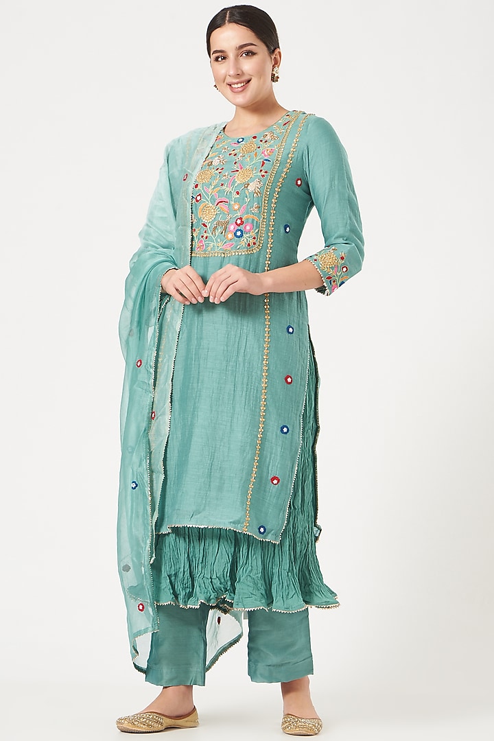 Sea Blue Embroidered Kurta Set by Made in Pinkcity at Pernia's Pop Up Shop