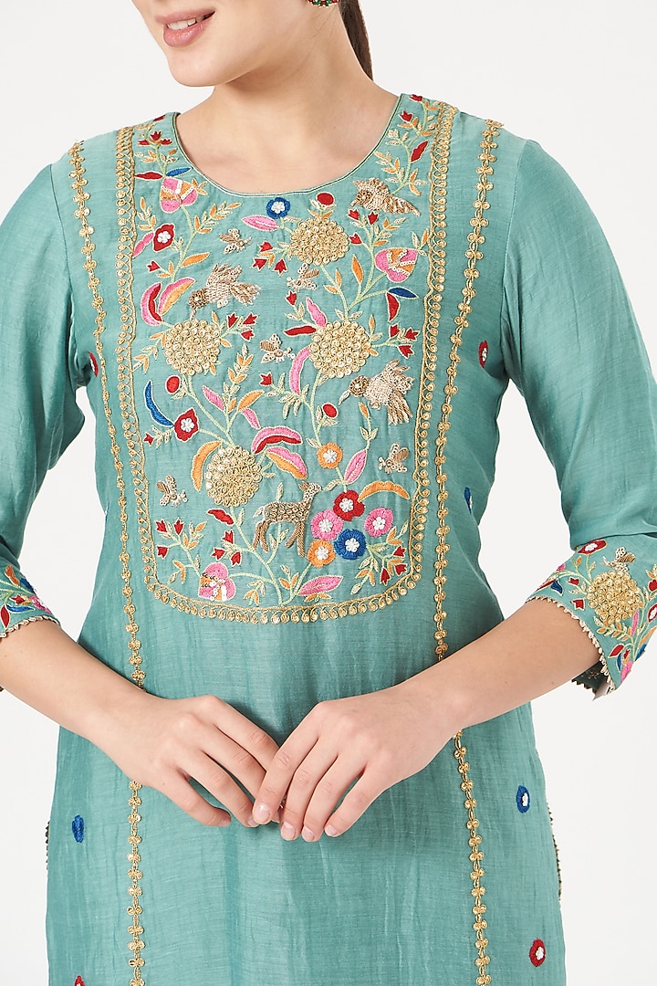 Sea Blue Embroidered Kurta Set by Made in Pinkcity at Pernia's Pop Up Shop