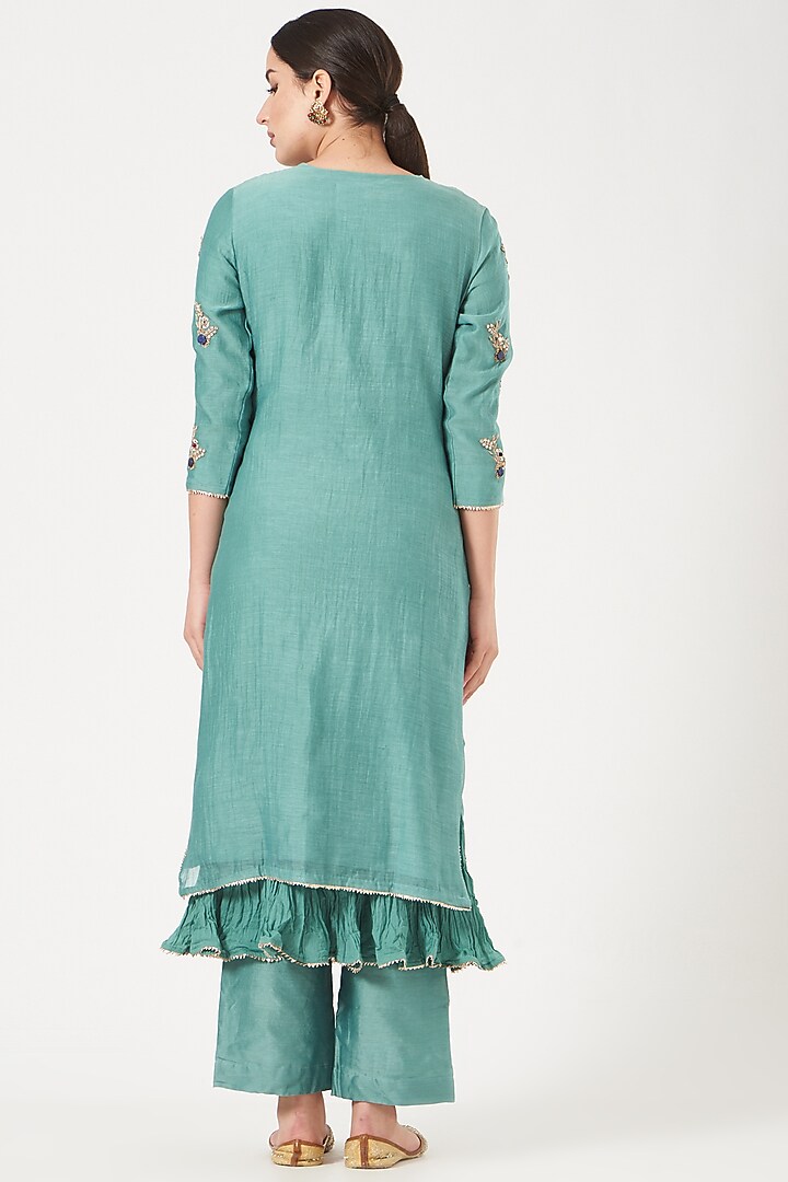 Sea Blue Hand Embroidered Kurta Set by Made in Pinkcity at Pernia's Pop Up Shop