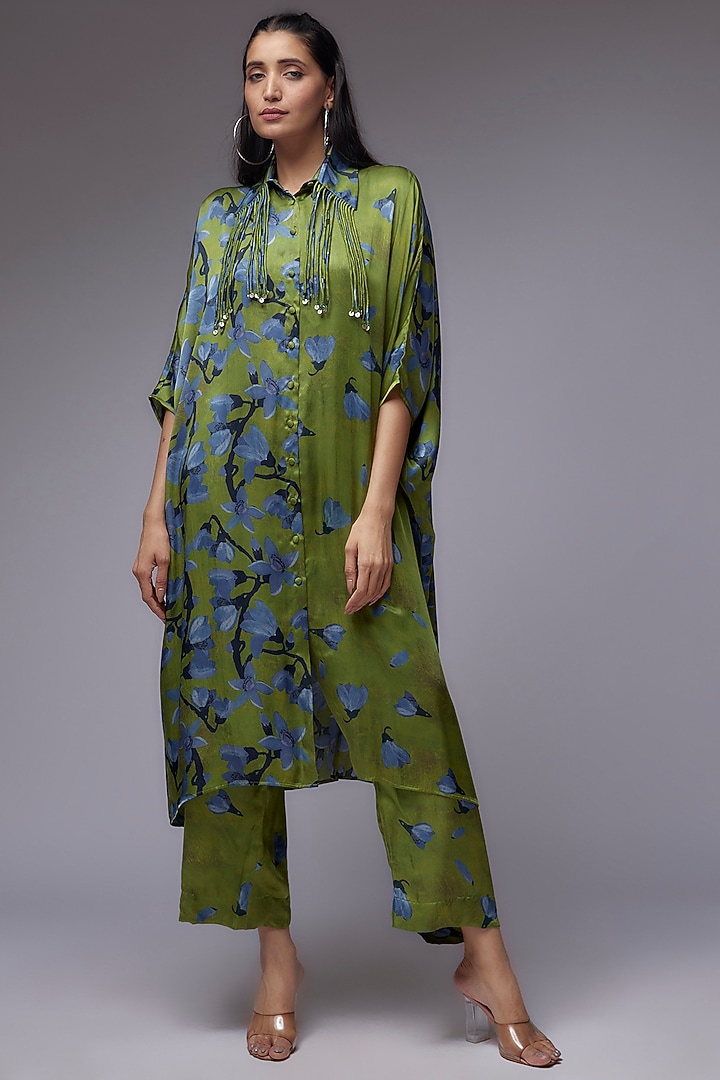 Dark Green Modal Satin Printed Co-Ord Set by Made in Pinkcity at Pernia's Pop Up Shop