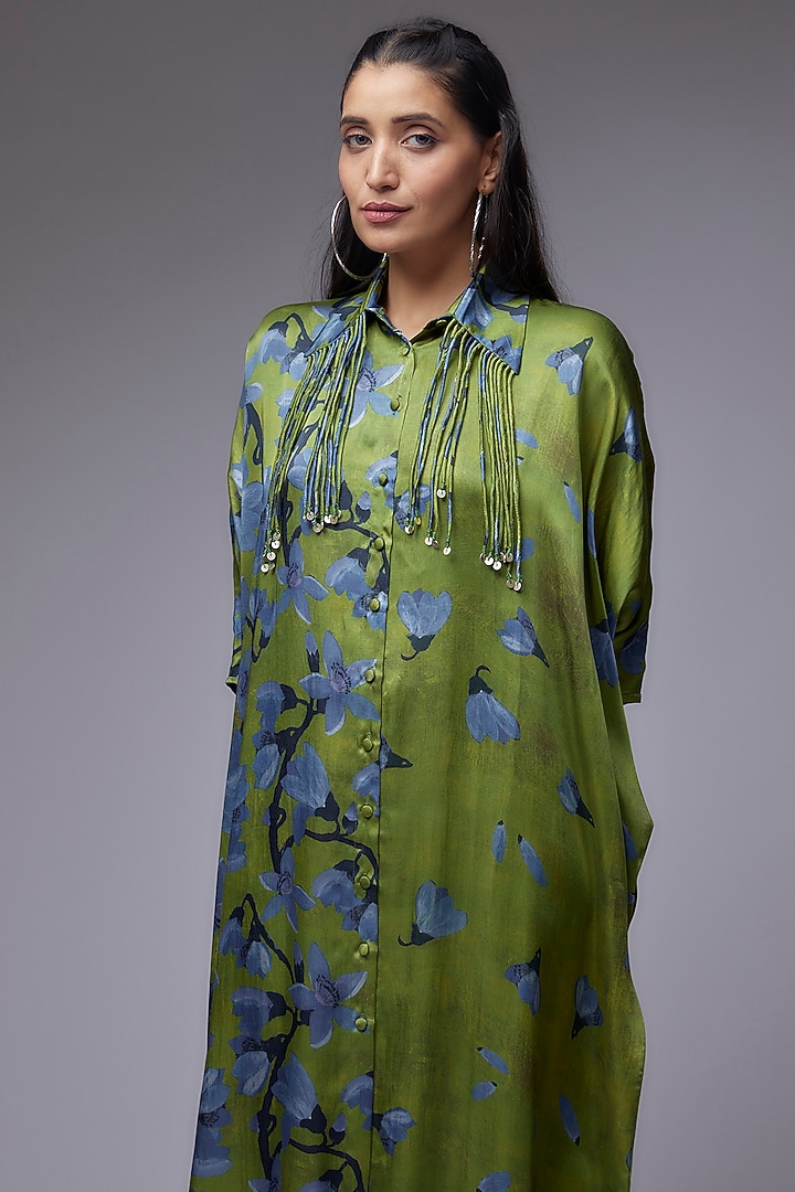 Dark Green Modal Satin Printed Co-Ord Set by Made in Pinkcity at Pernia's Pop Up Shop