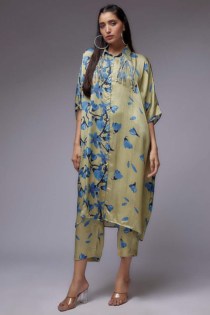 Sage Green Modal Satin Printed Co-Ord Set by Made in Pinkcity at Pernia's Pop Up Shop