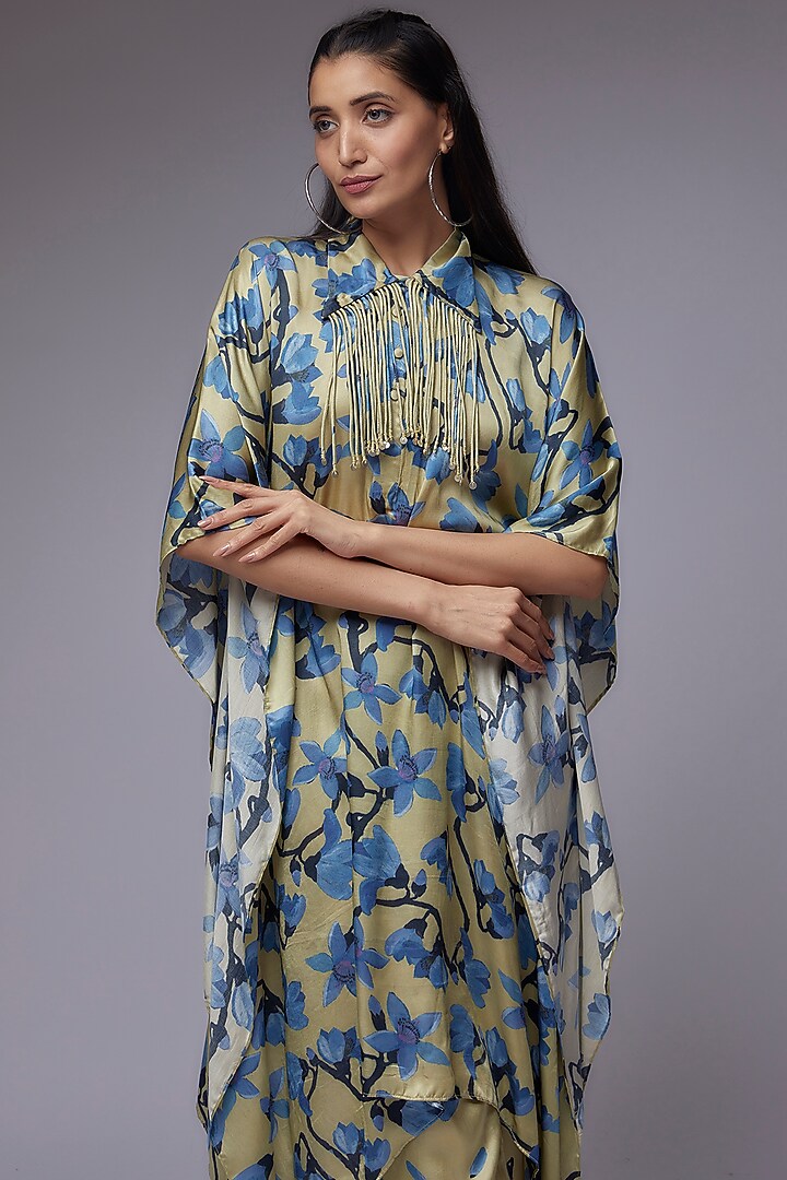 Sage Green Modal Satin Printed Kaftan Set by Made in Pinkcity at Pernia's Pop Up Shop