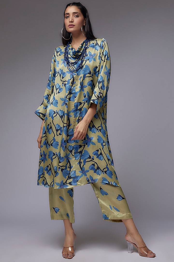 Sage Green Modal Satin Printed Tunic Set by Made in Pinkcity at Pernia's Pop Up Shop