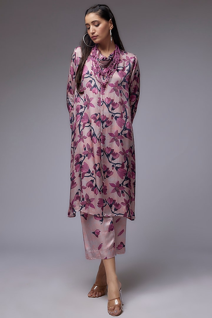 Rose Gold Modal Satin Printed Tunic Set by Made in Pinkcity at Pernia's Pop Up Shop