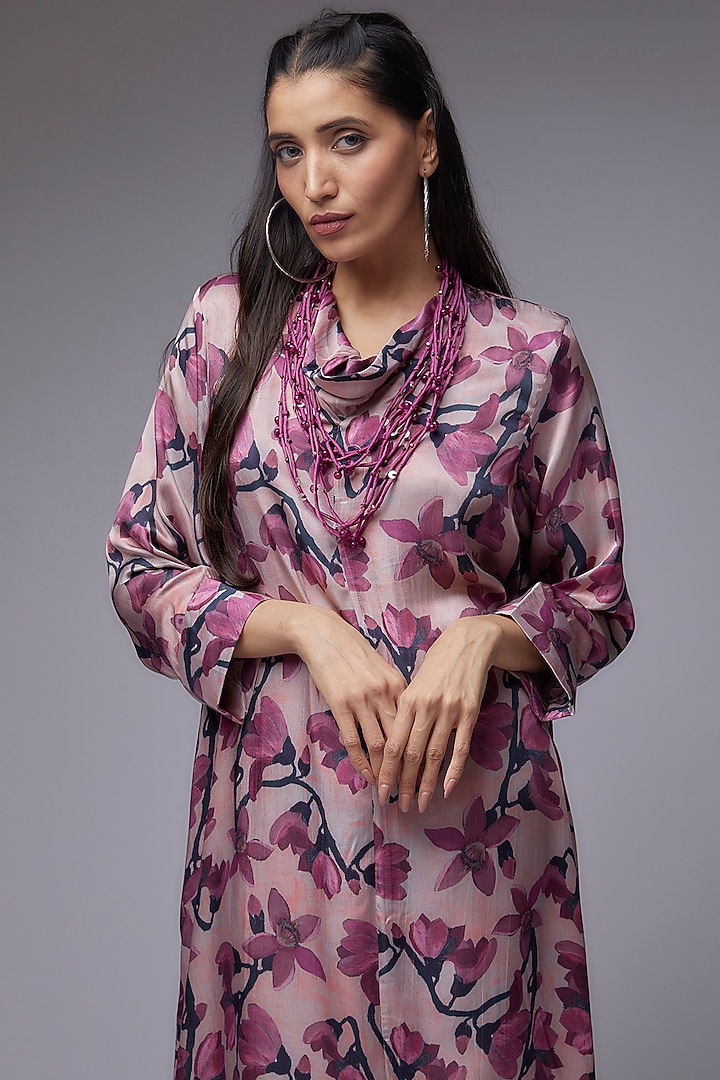 Rose Gold Modal Satin Printed Tunic Set by Made in Pinkcity at Pernia's Pop Up Shop