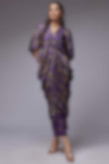 Purple Modal Satin Printed Draped Kaftan Set by Made in Pinkcity