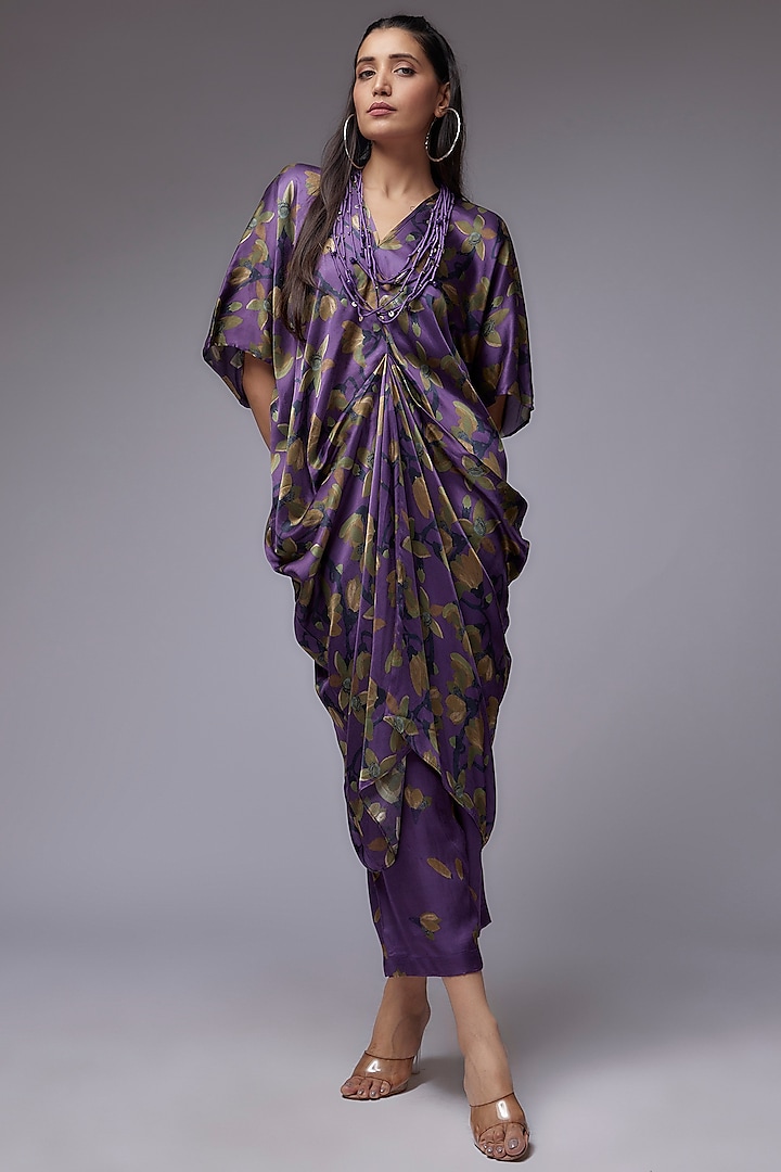 Purple Modal Satin Printed Draped Kaftan Set by Made in Pinkcity