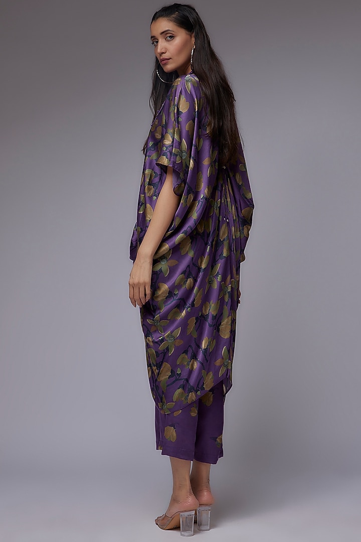 Purple Modal Satin Printed Draped Kaftan Set by Made in Pinkcity at Pernia's Pop Up Shop