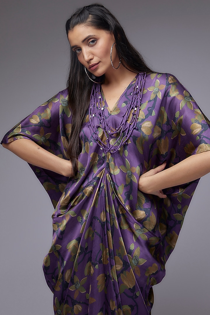 Purple Modal Satin Printed Draped Kaftan Set by Made in Pinkcity at Pernia's Pop Up Shop