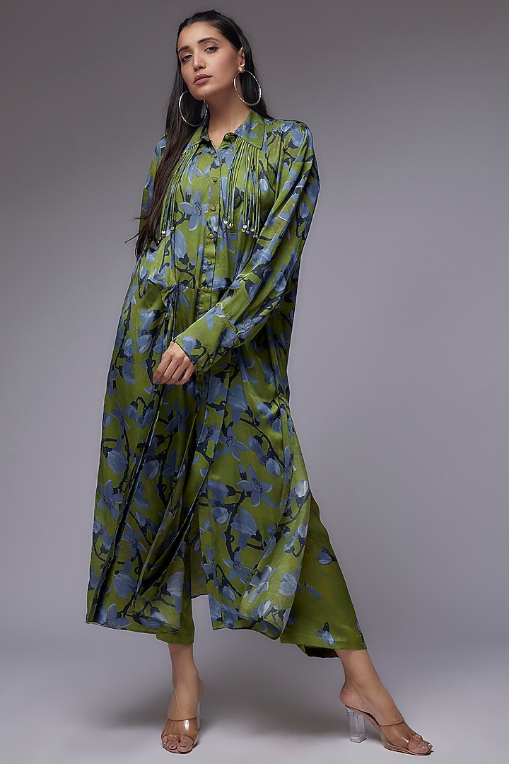 Dark Green Modal Satin Printed Co-Ord Set by Made in Pinkcity at Pernia's Pop Up Shop