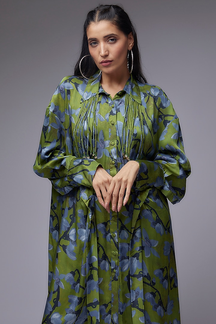Dark Green Modal Satin Printed Co-Ord Set by Made in Pinkcity at Pernia's Pop Up Shop
