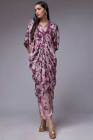 Rose Gold Modal Satin Printed Draped Kaftan Set by Made in Pinkcity