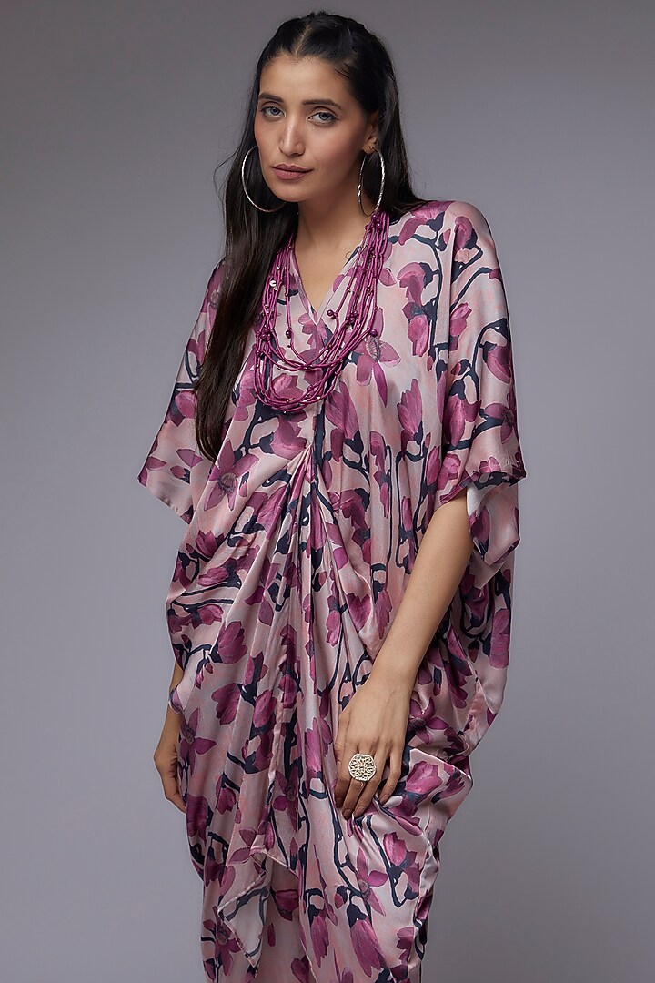 Rose Gold Modal Satin Printed Draped Kaftan Set by Made in Pinkcity at Pernia's Pop Up Shop
