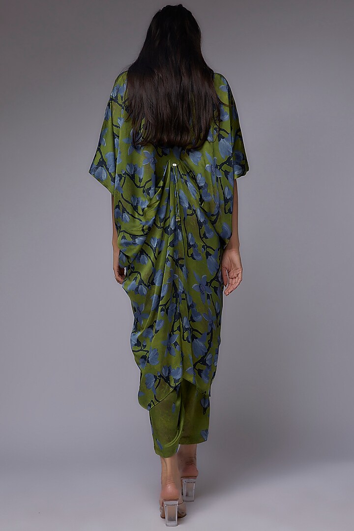Dark Green Modal Satin Printed Draped Kaftan Set by Made in Pinkcity at Pernia's Pop Up Shop