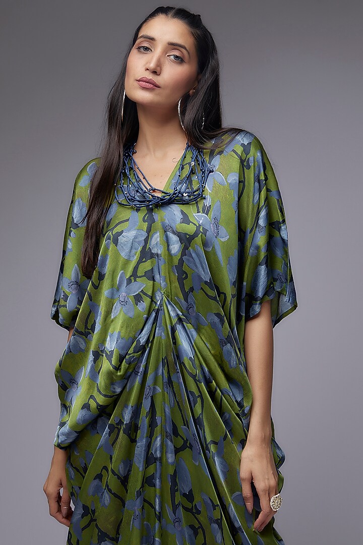 Dark Green Modal Satin Printed Draped Kaftan Set by Made in Pinkcity at Pernia's Pop Up Shop