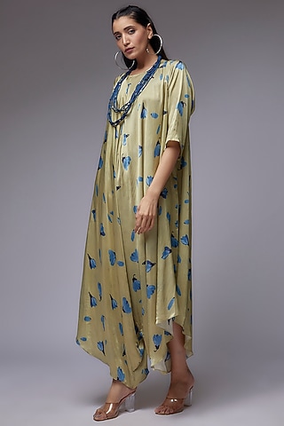 Sage Green Modal Satin Printed Jumpsuit Dress by Made in Pinkcity