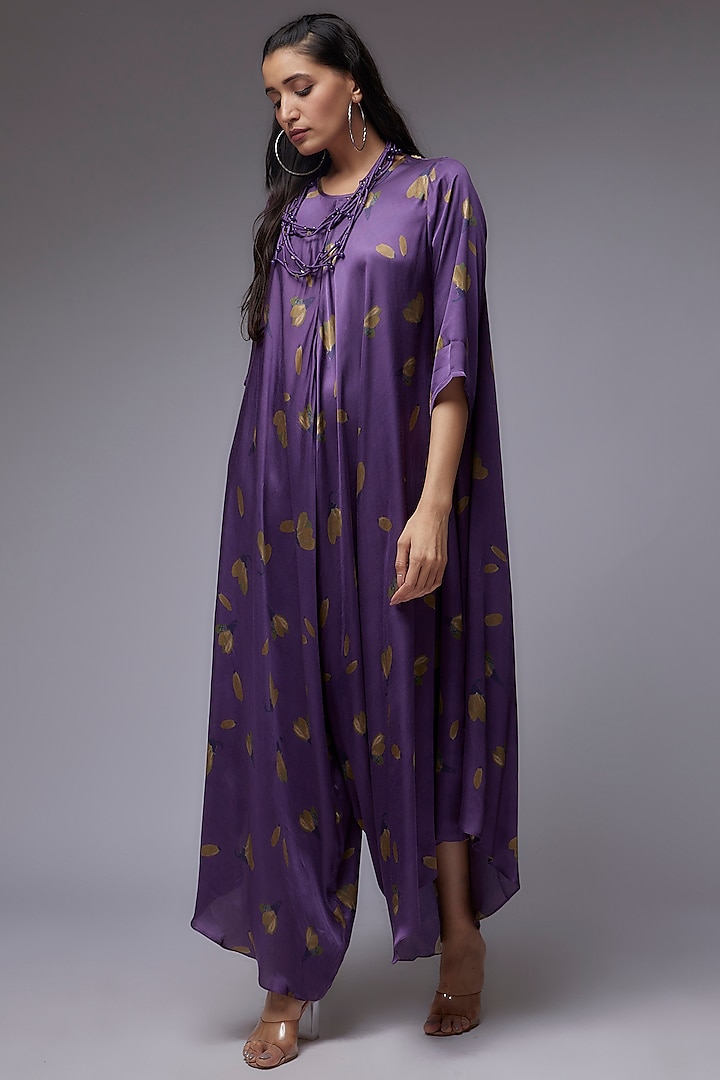 Purple Modal Satin Printed Jumpsuit Dress by Made in Pinkcity