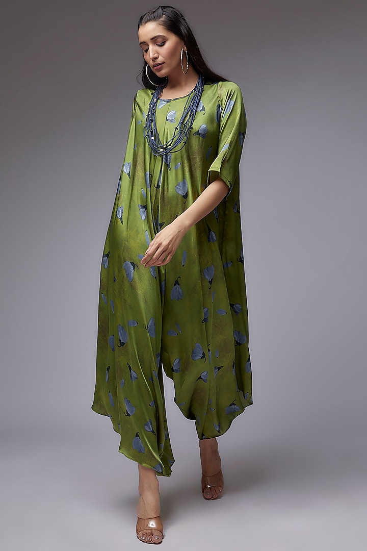 Dark Green Modal Satin Printed Jumpsuit Dress by Made in Pinkcity