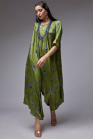 Dark Green Modal Satin Printed Jumpsuit Dress by Made in Pinkcity