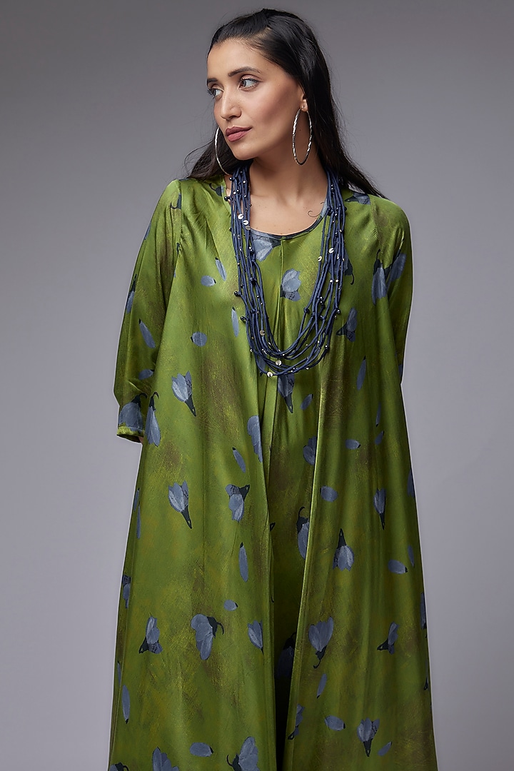 Dark Green Modal Satin Printed Jumpsuit Dress by Made in Pinkcity at Pernia's Pop Up Shop
