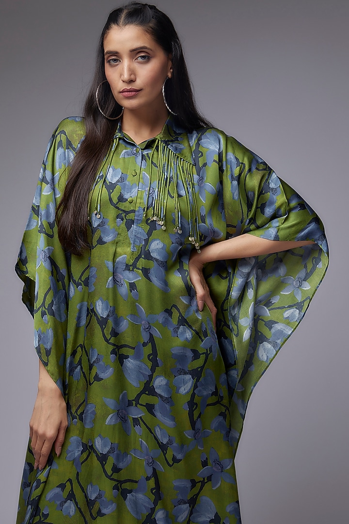 Dark Green Modal Satin Printed Kaftan Set by Made in Pinkcity at Pernia's Pop Up Shop