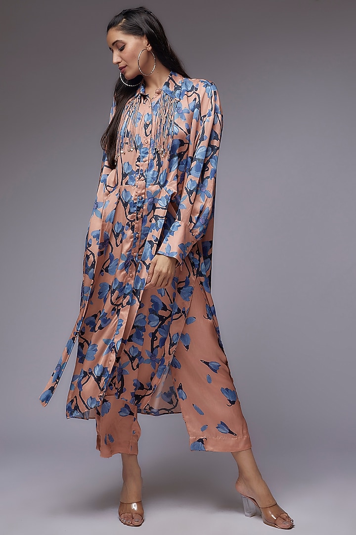 Peach Modal Satin Printed Co-Ord Set by Made in Pinkcity at Pernia's Pop Up Shop