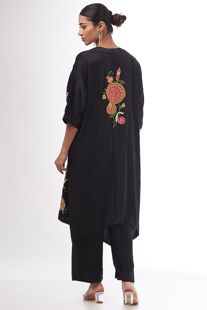 Black Satin Resham Thread Embroidered Kaftan Set by Made in Pinkcity at Pernia's Pop Up Shop