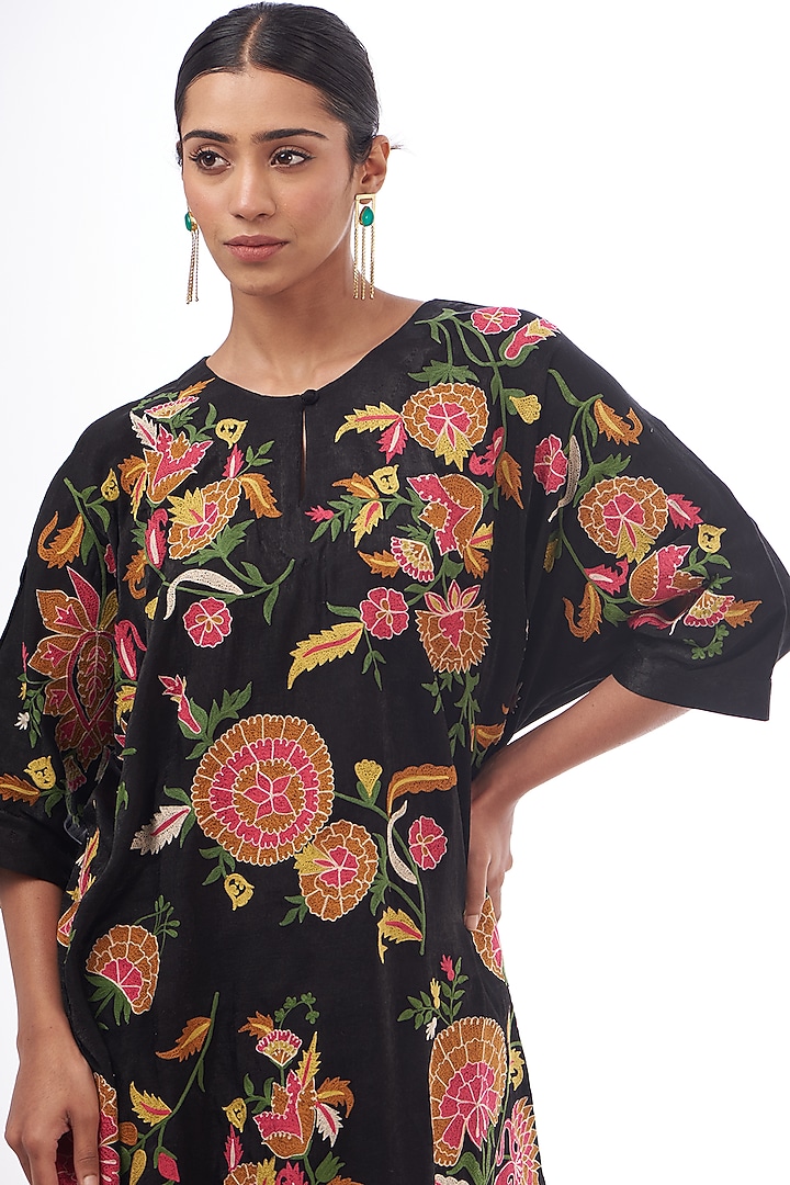 Black Satin Resham Thread Embroidered Kaftan Set by Made in Pinkcity at Pernia's Pop Up Shop