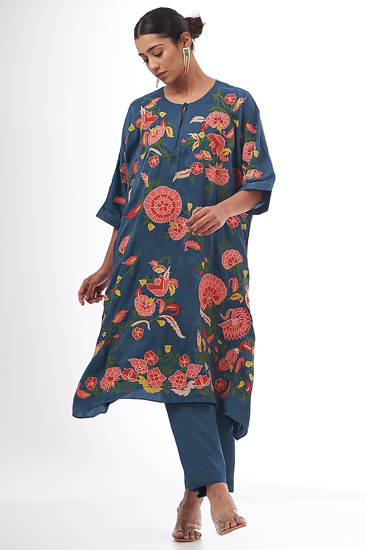 Blue Satin Resham Thread Embroidered Kaftan Set by Made in Pinkcity