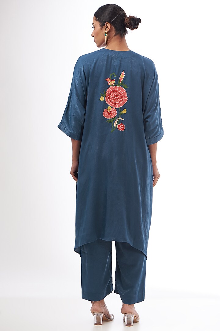 Blue Satin Resham Thread Embroidered Kaftan Set by Made in Pinkcity at Pernia's Pop Up Shop