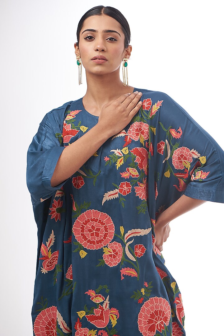 Blue Satin Resham Thread Embroidered Kaftan Set by Made in Pinkcity at Pernia's Pop Up Shop